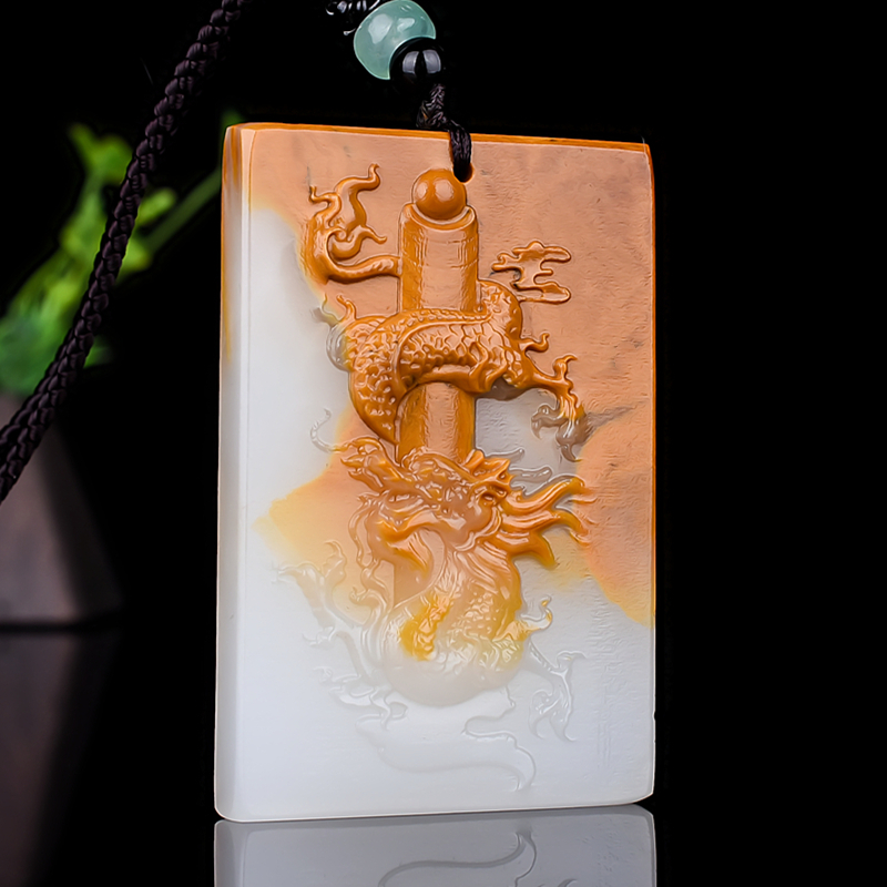天然新疆和田玉白玉籽料龙牌吊坠男生肖龙平安牌女毛衣链府上有龙