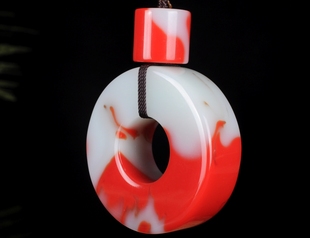 天然鸡血石平安扣手把件 大号平安环和田玉金丝玉车挂手把件