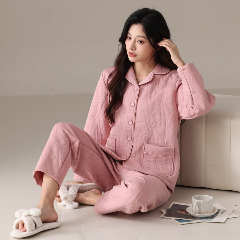 绮瑞女士冬季纯棉加厚保暖空气棉夹层秋冬女款家居服棉服夹棉睡衣