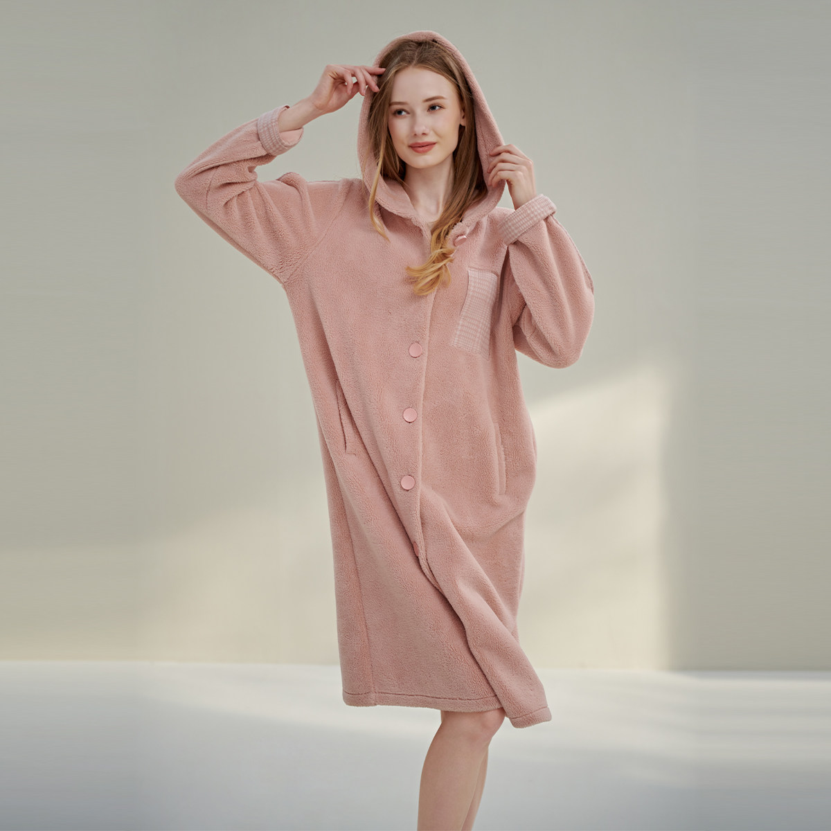 绮瑞家居服女冬季复合绒加厚连帽女中长款开衫睡袍珊瑚绒保暖睡衣