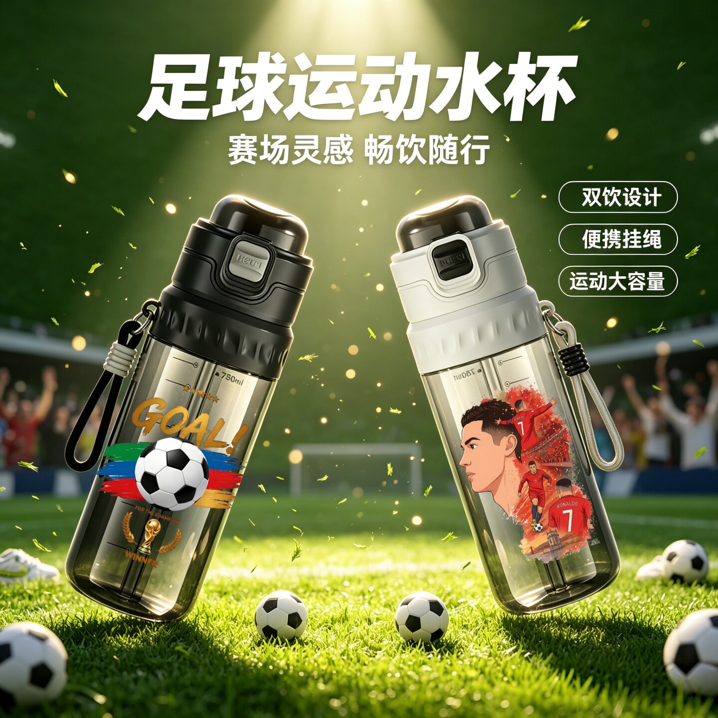足球喷雾水杯双饮大容量运动壶