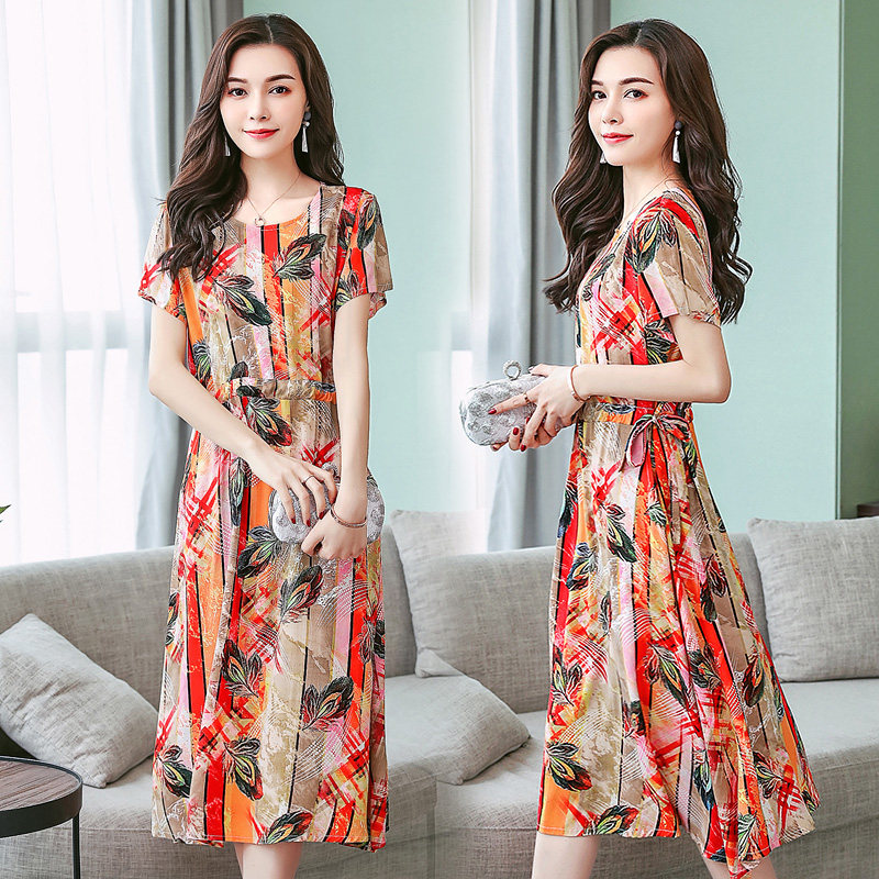 Fat mother Big size dress Cotton silk Dress Short sleeved Large Mid length version printing Middle and old age TSUMUGI Long skirtsin the Women's clothing/Boutique , Dress  category - from Buy2taobao.com to provide professional Taobao agent buy service