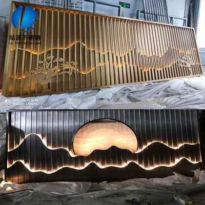定制不锈钢假山背景庭院酒店售楼部屏风装饰拉丝钛金黑钛镂空花格