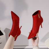 红色水钻宴会满钻裸靴2024年秋冬尖头细跟高跟鞋 短筒短靴女侧拉链