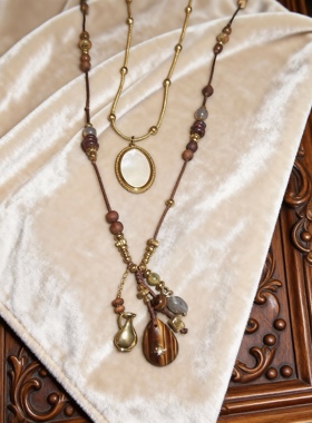 薄雾之季 黄打屁天然石串虎眼石小众美拉德复古叠戴穿搭毛衣项链