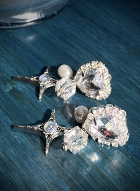 午夜之光 黄打屁原创设计超闪新款珍珠流光彩星甜酷港925耳钉耳夹