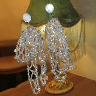 珠帘才卷 黄打屁复古夸张仙流苏蕾丝闪钻设计感小众925银耳钉耳夹