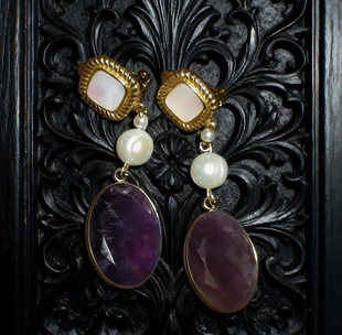不坠紫晶 黄打屁原创设计复古闪贝母珍珠紫水晶珍珠925银耳钉耳夹