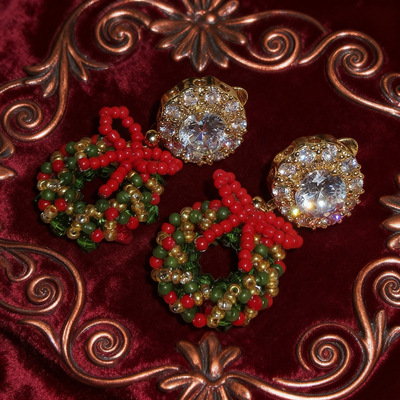 圣诞颂歌 黄打屁原创设计复古小众花环闪甜节日串珠925银耳钉耳夹