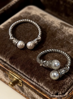 赞美诗 黄打屁复古编织轻奢高级麻花开口食指中古风925银贝珠戒指