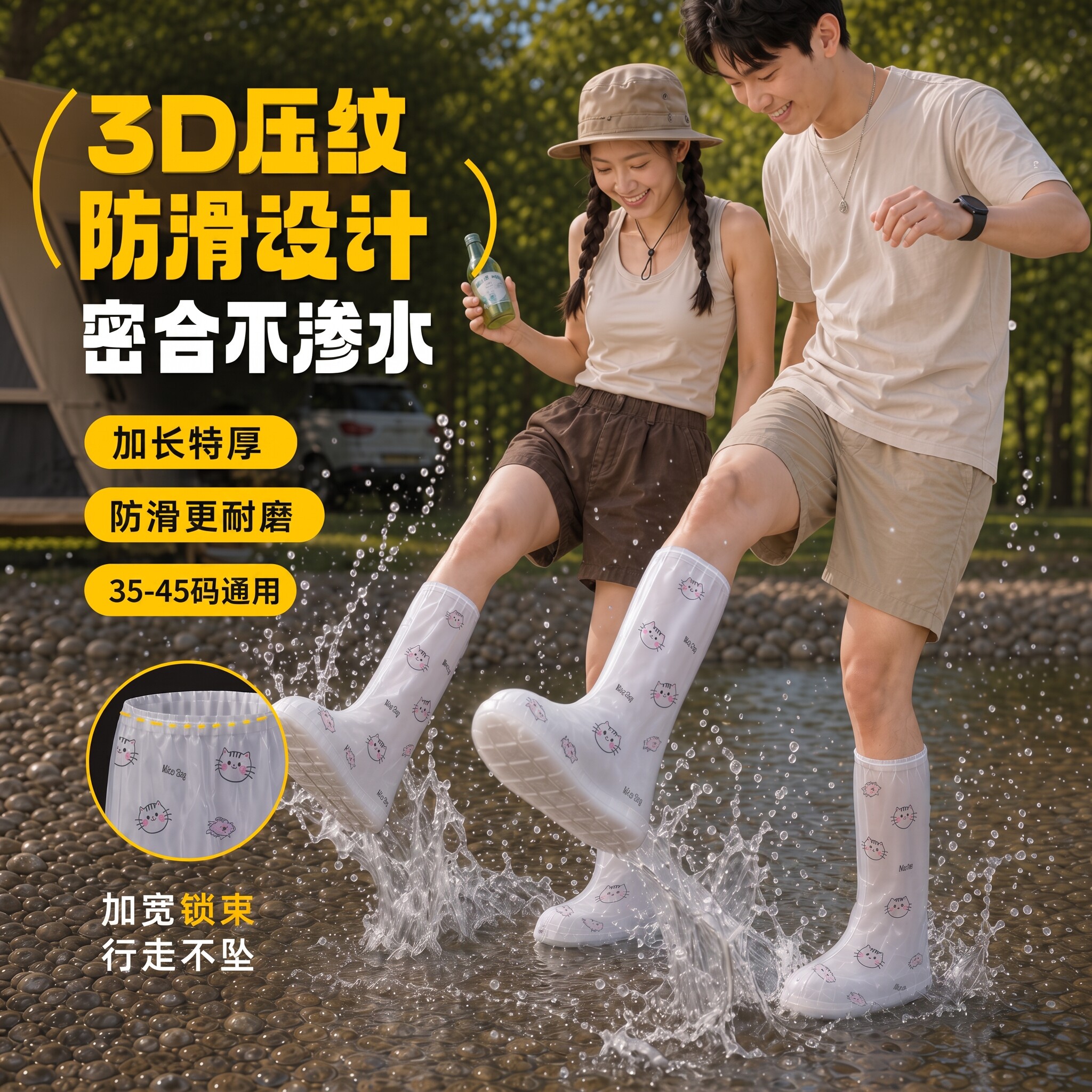 一次性防水鞋套加厚高筒印花鞋套图片