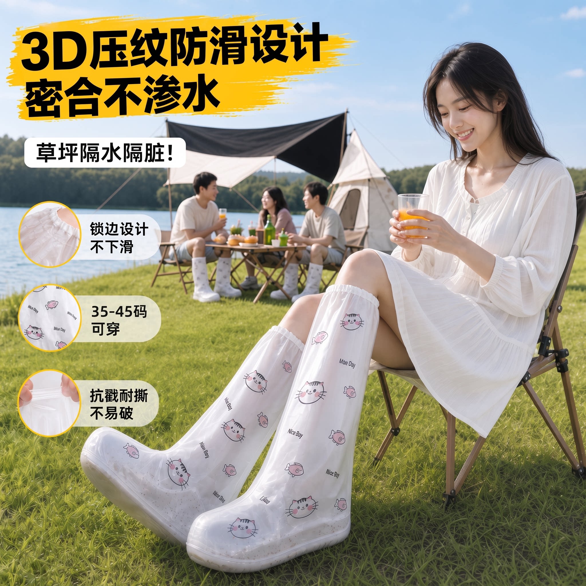 一次性防水鞋套加厚高筒印花鞋套图片