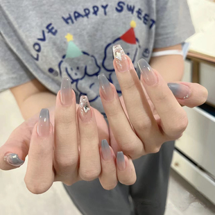 手工美甲显白高级感雾霾蓝灰色学生少女穿戴甲成品中长款手指甲片