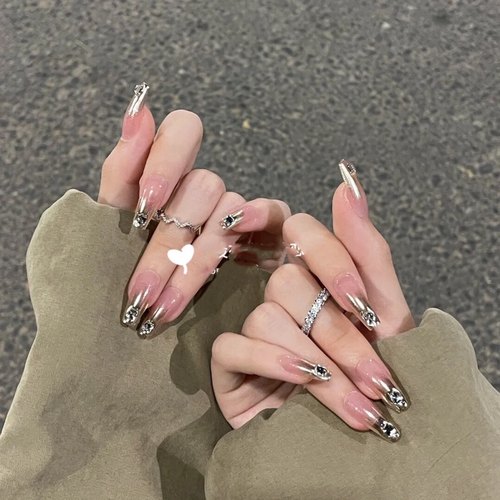 冰透爆闪渐变银色钻高级感穿戴甲手工定制成品美甲贴片孕妇假指甲