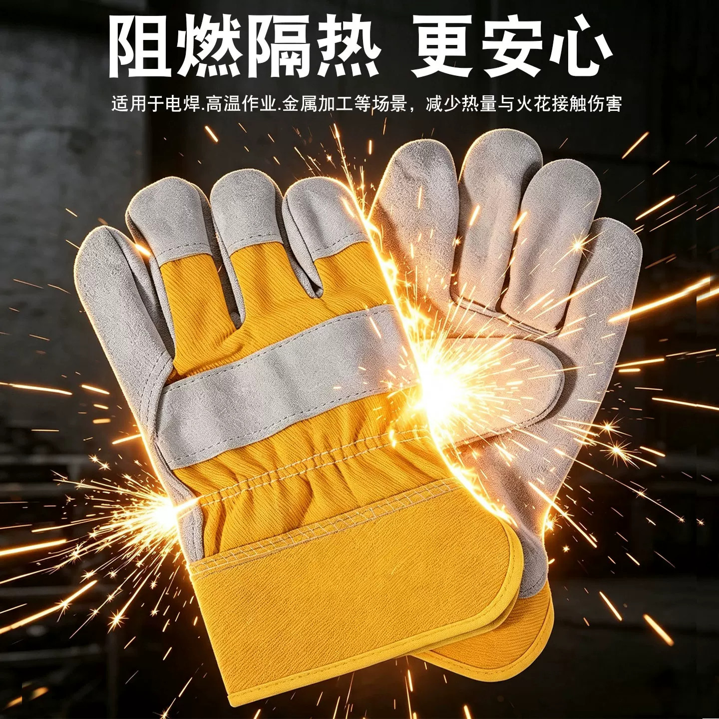 加厚电焊工手套牛皮耐磨防烫阻燃防扎防护手套黄色作业专用