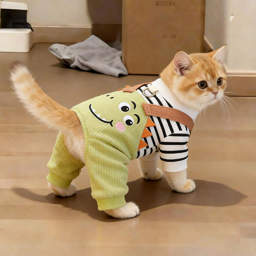猫咪衣服秋天可爱条纹恐龙背带裤
