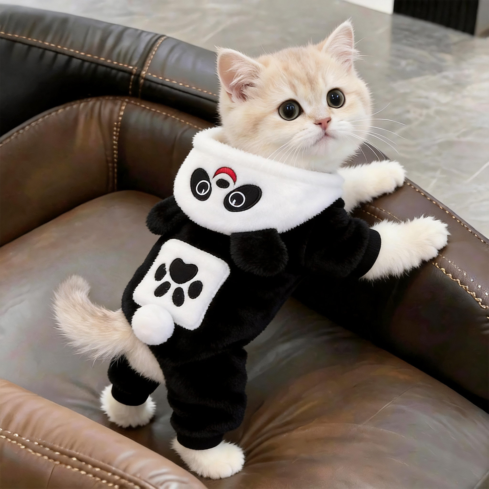 猫咪衣服可爱熊猫连帽棉服冬季加绒保暖布偶英短金渐层小猫四脚衣