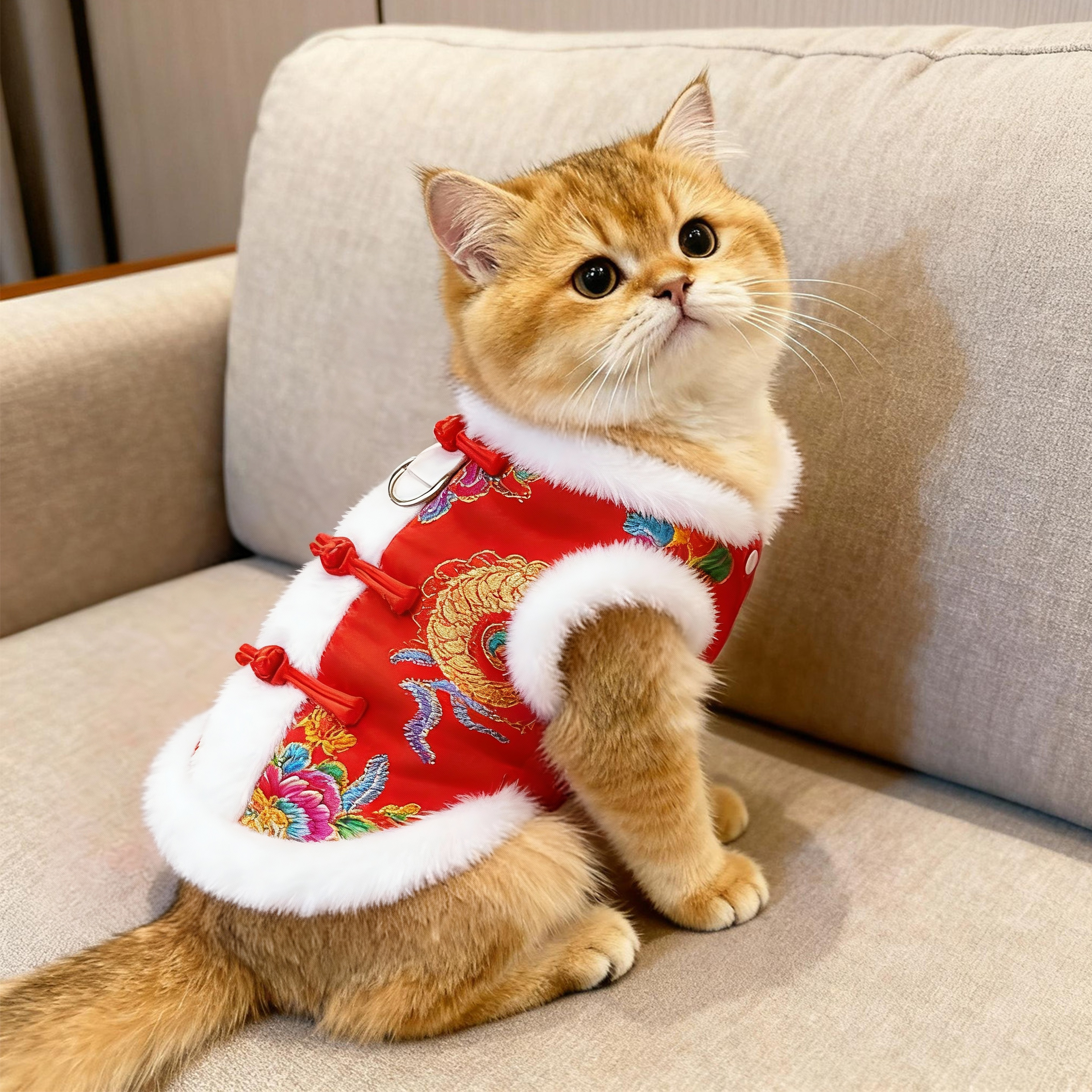 猫咪衣服新年唐装加厚保暖喜庆龙袍装宠物服装过年喜庆小狗狗马甲