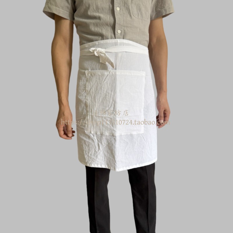 棉麻半身围裙咖啡店花艺画室工作服百搭简约餐饮B纯白色夏季款