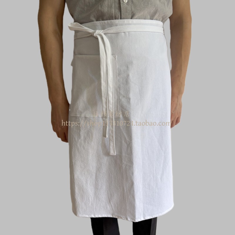 日系文艺棉麻半身围裙咖啡店花艺画室工作服H3纯白色（冬季款）