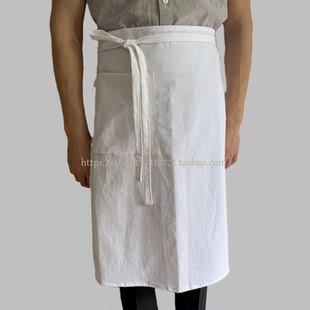 日系文艺棉麻半身围裙咖啡店花艺画室工作服H3纯白色(冬季款)