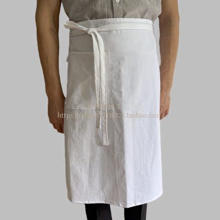 日系文艺棉麻半身围裙咖啡店花艺画室工作服H3纯白色（冬季款）