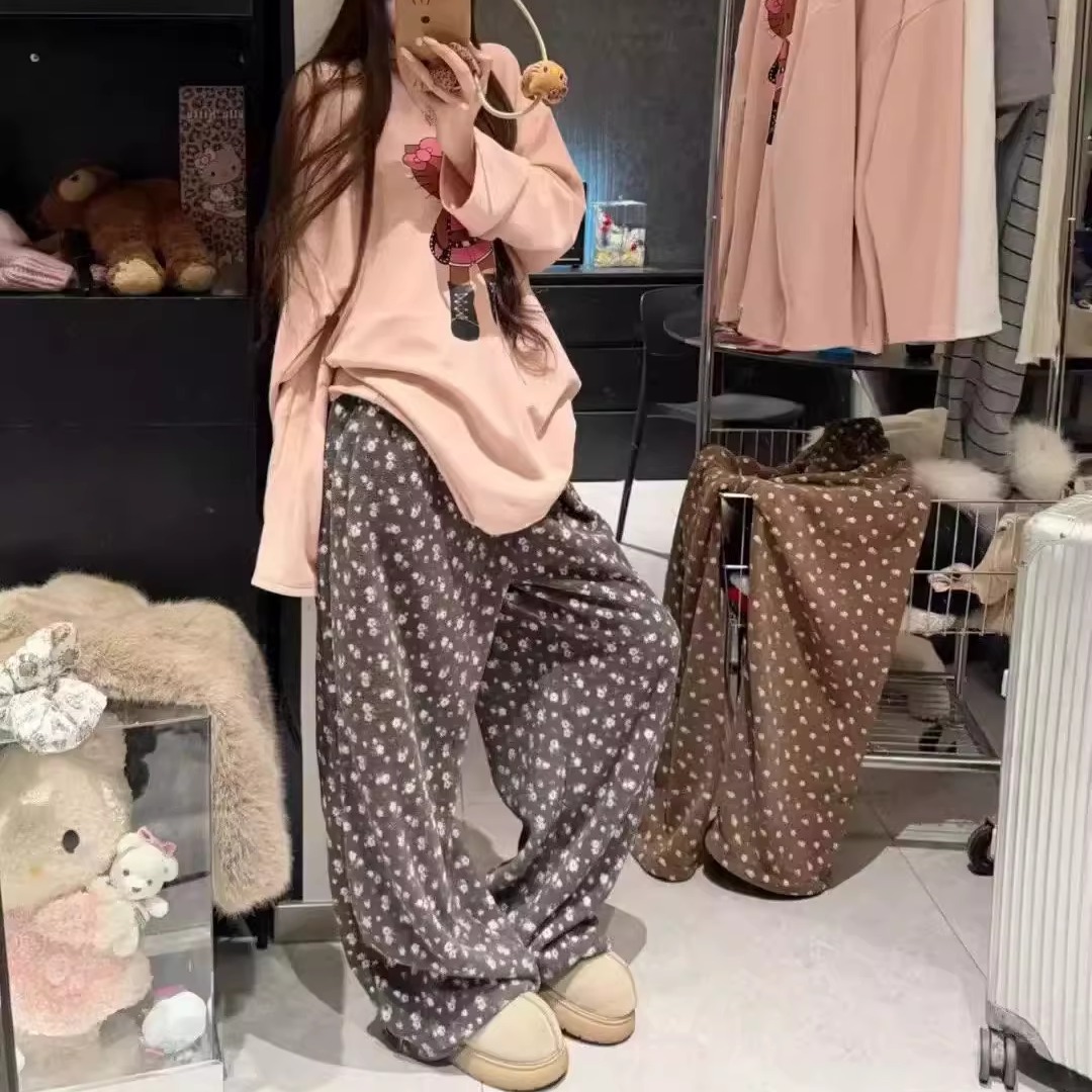 韩版高腰碎花抽绳直筒裤女冬2025新款加厚宽松显瘦小个子休闲长裤