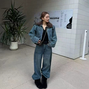 复古工装牛仔套装女2025冬季加厚保暖夹克阔腿裤两件套宽松休闲潮