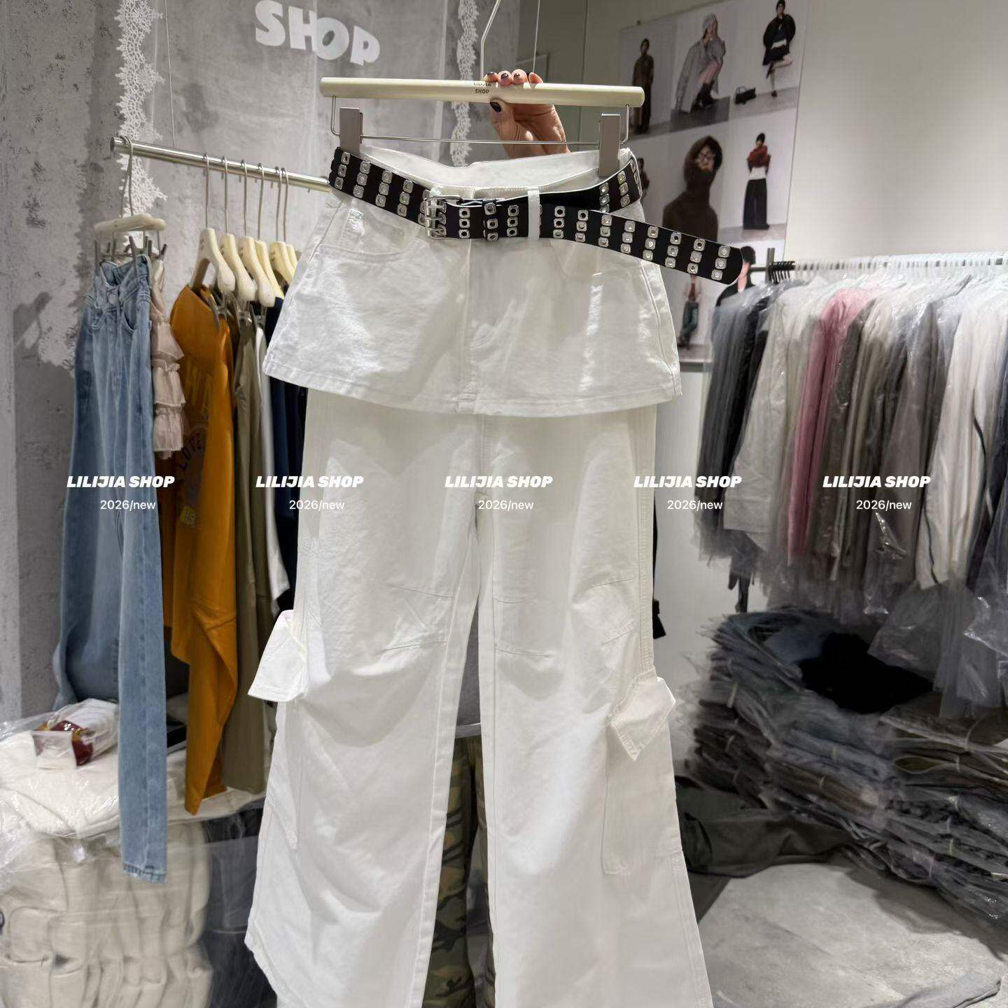 2026春季新款中高腰白色直筒裤女宽松休闲工装风屁帘假两件长裤子