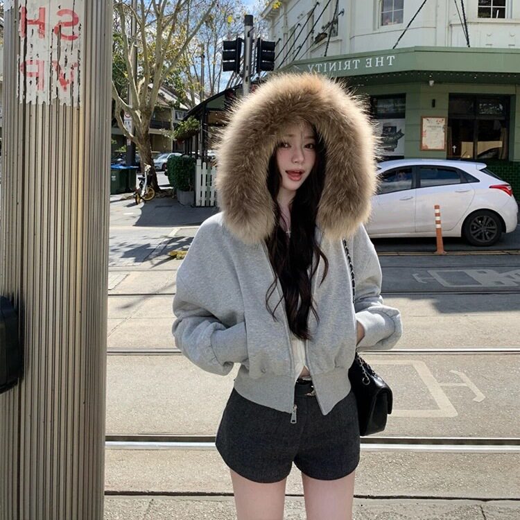 美式灰色连帽卫衣开衫女冬2025大毛领短款外套宽松休闲慵懒风上衣