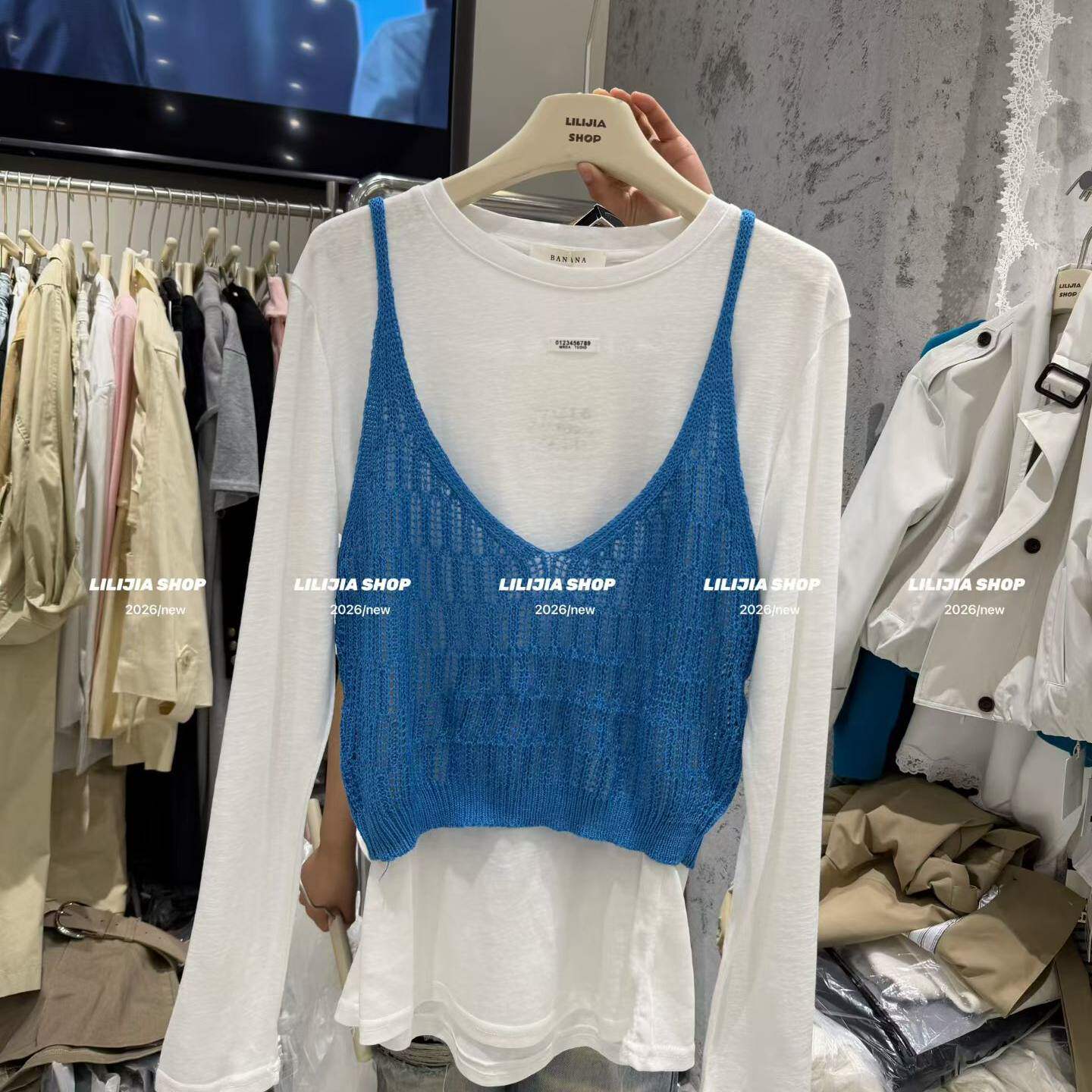 2026新款韩版镂空针织吊带背心女搭长袖T恤两件套女叠穿百搭显瘦