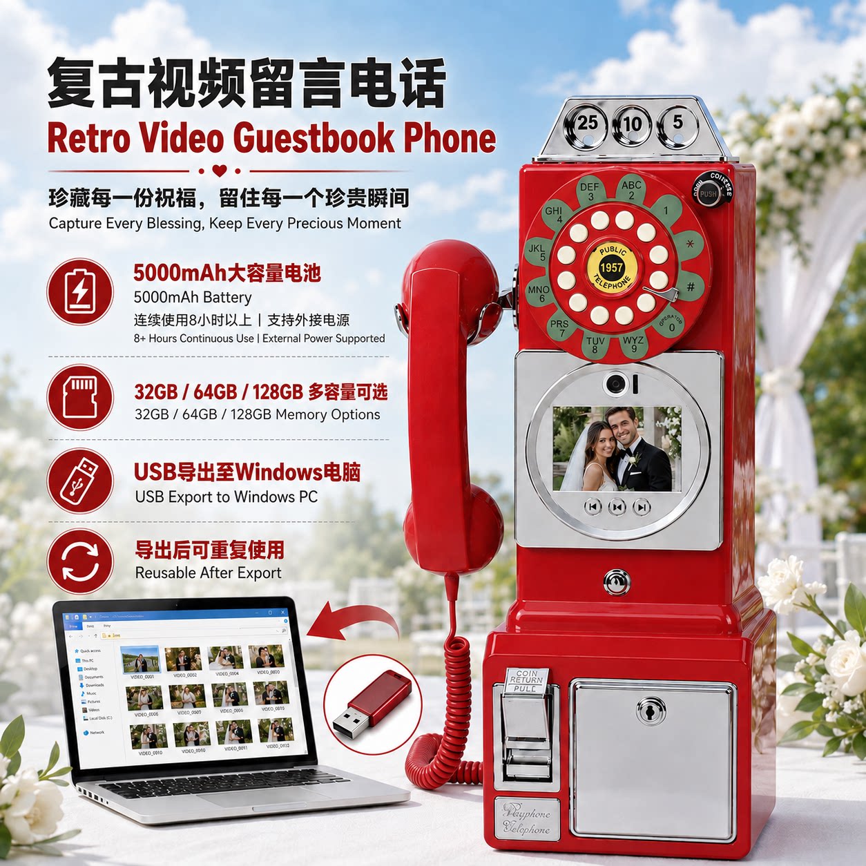 128G婚礼宾客音频录像留言簿电话个性视频留言簿派对宴会视频签到