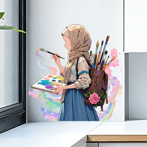 Hijab Girl Painter Rainbow Ink Splash Removable Wall Sticker