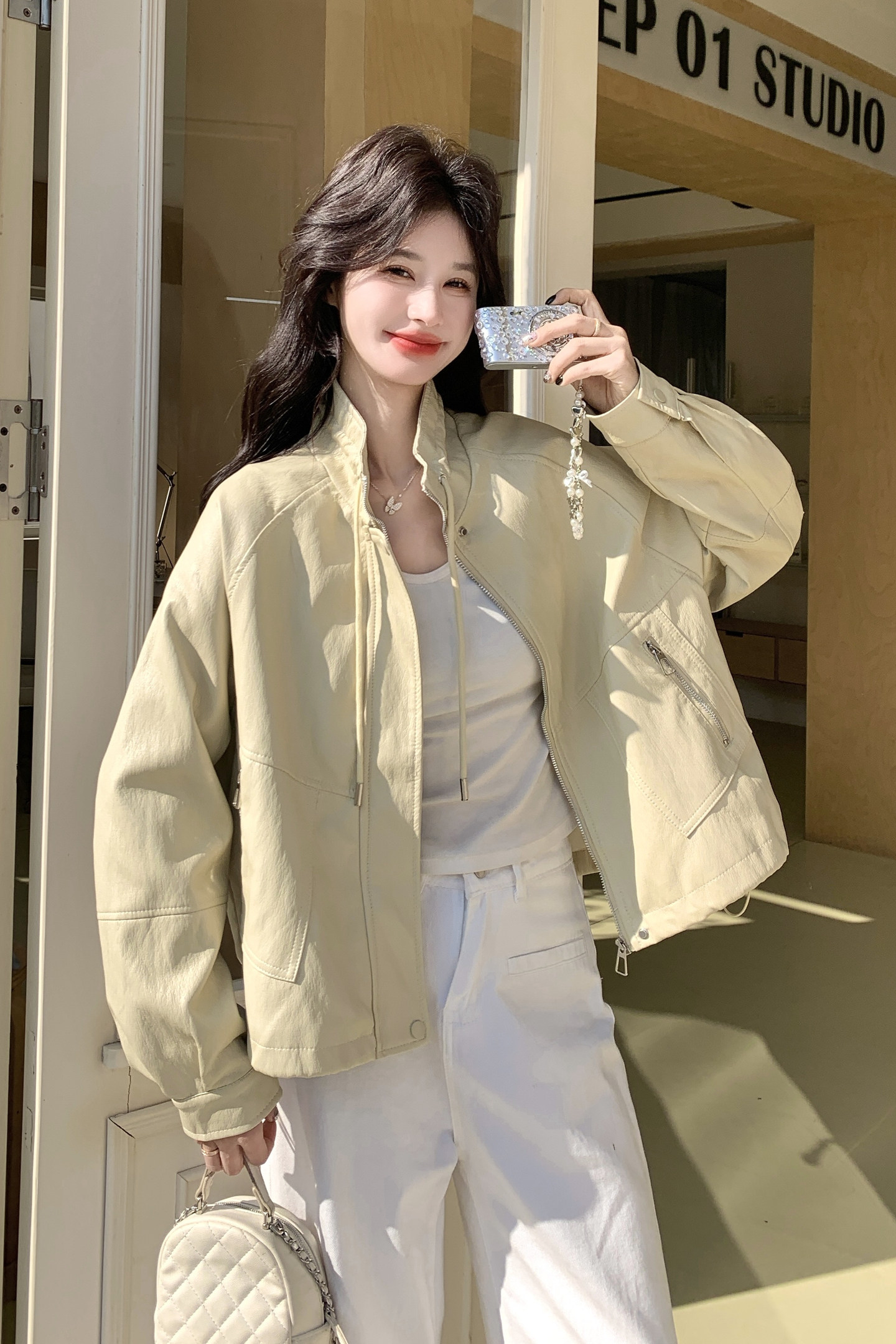 2026春季新款现货韩版立领抽绳宽松皮衣外套1535218P160K258,女装皮衣,浙宝153