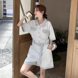 韩版撞色短袖工装牛仔连体裤女2025夏季新款盐系收腰显瘦阔腿短裤，女装连衣裙，浙宝153