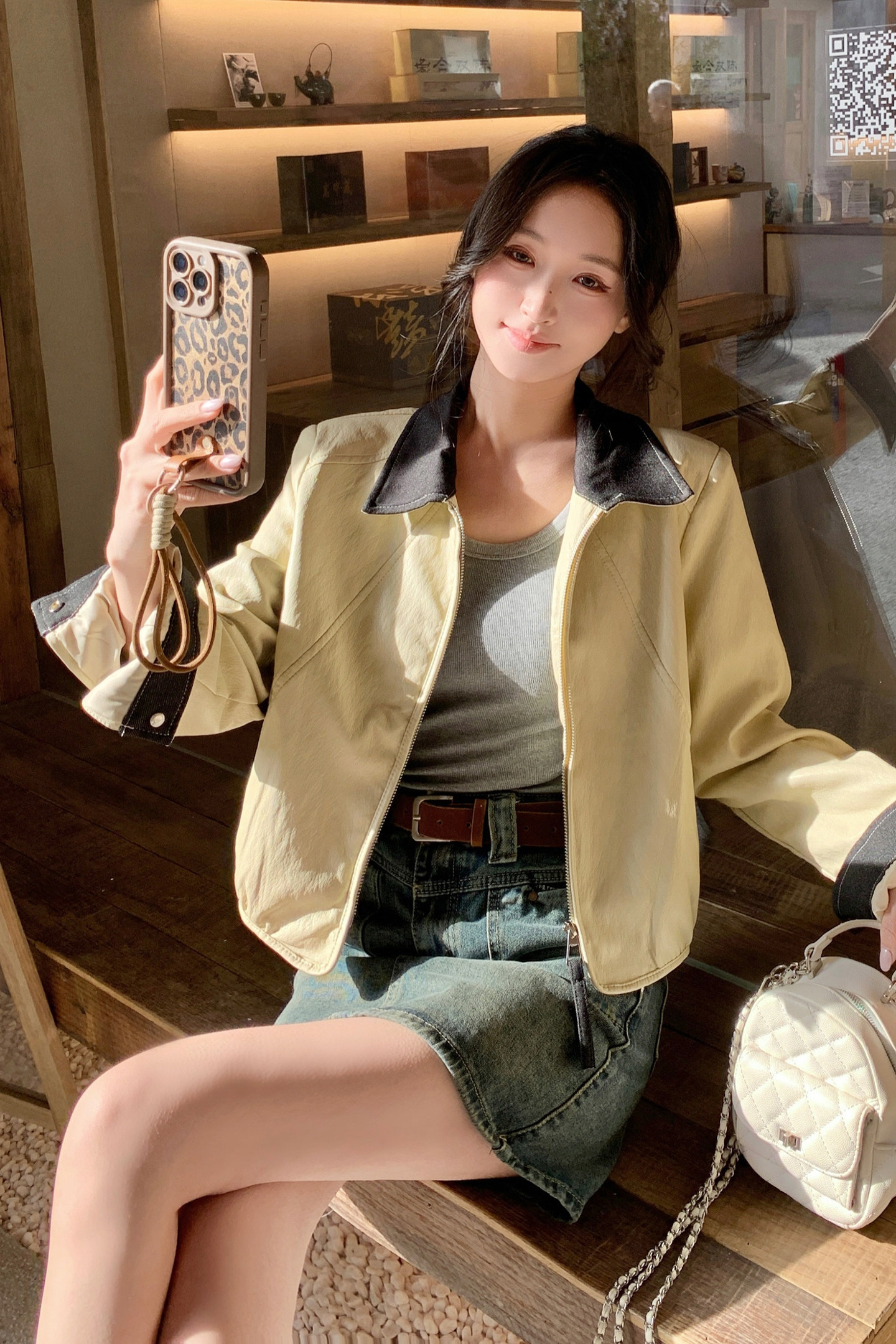 2026春季新款现货韩版牛仔领拼皮衣外套1535209P150K248,女装皮衣,浙宝153