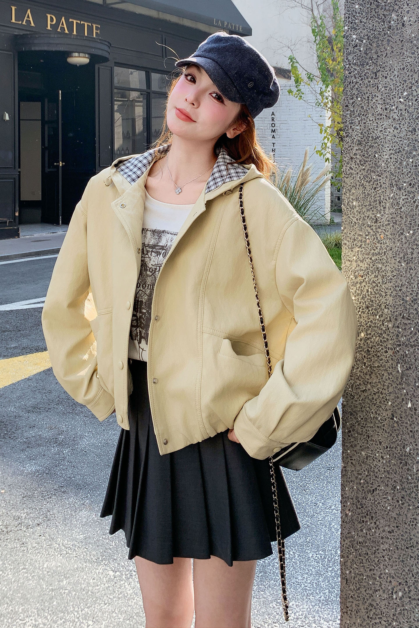 2026新款现货韩版格纹连帽拼接皮衣外套1535202P155K248,女装皮衣,浙宝153