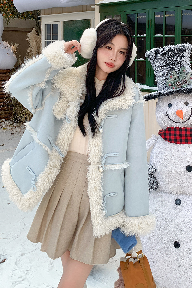 冬季新款现货珍珠扣蓝色皮毛一体外套1532488P185K278,女装短外套,浙宝153
