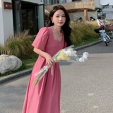 现货2026夏季法式粉色连衣裙收腰显瘦泡泡袖长裙2909P115控168，女装连衣裙，浙宝153