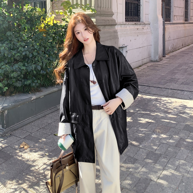2026新款现货韩版条纹拼接西装皮衣外套风衣1535219P165K268，女装皮衣，浙宝153