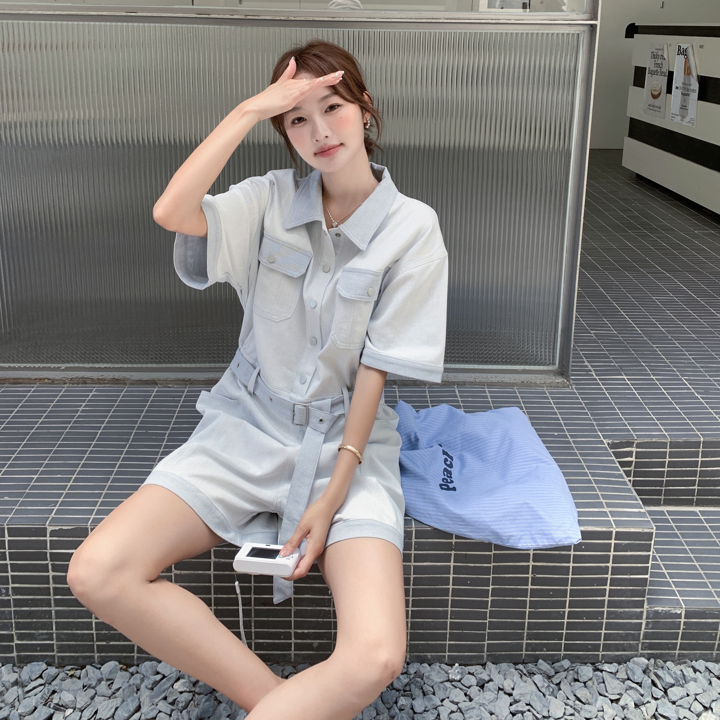 韩版撞色短袖工装牛仔连体裤女2025夏季新款盐系收腰显瘦阔腿短裤，女装连衣裙，浙宝153