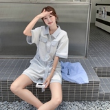 韩版撞色短袖工装牛仔连体裤女2025夏季新款盐系收腰显瘦阔腿短裤，女装连衣裙，浙宝153