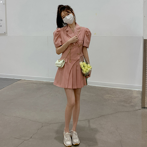 现货 夏季不规则西装百褶连衣裙泡泡袖法式收腰短裙2912P120控178图片