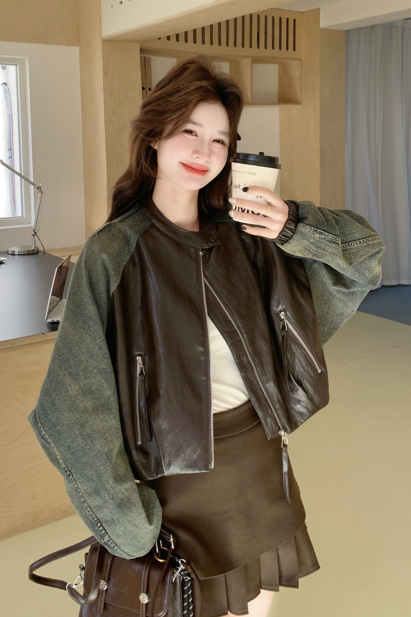2026春季新款现货韩版牛仔拼接宽松皮衣外套1535212P170K278,女装皮衣,浙宝153