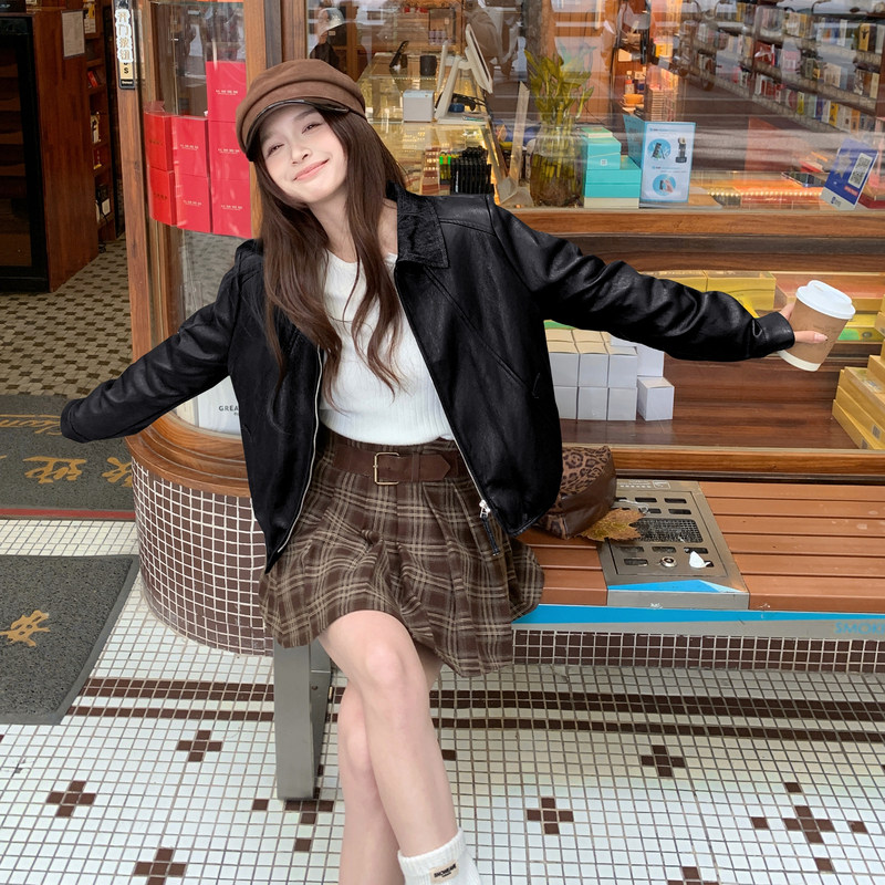 2026春季新款现货韩版牛仔领拼皮衣外套1535209P150K248，女装皮衣，浙宝153