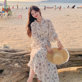 紫色蝴蝶印花连衣裙女2025春秋新款法式高级感收腰显瘦温柔风长裙，女装连衣裙，浙宝153
