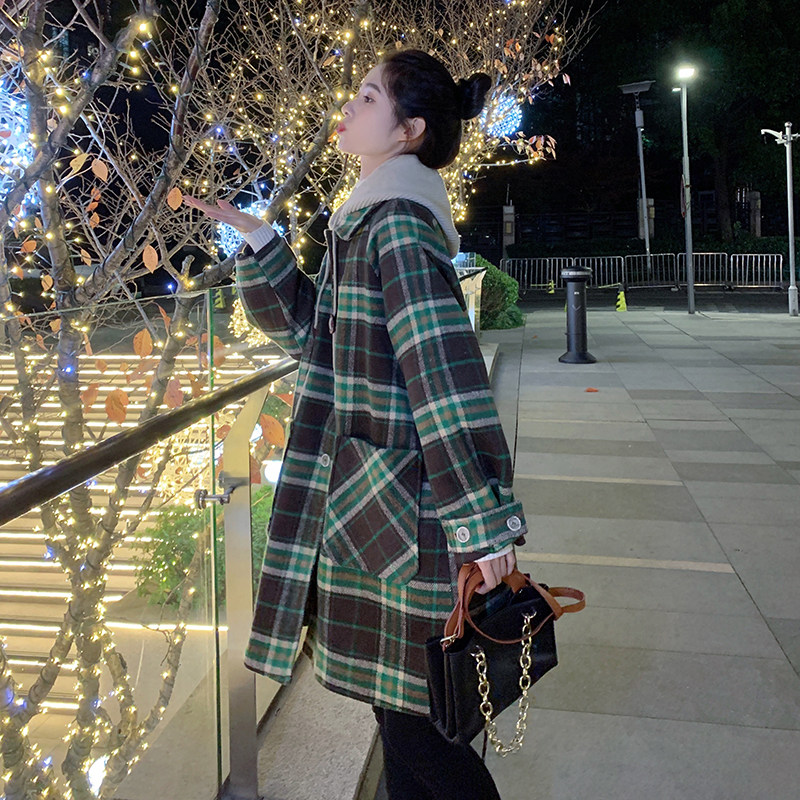 现货加棉冬装针织帽格子中长款呢大衣女1538258P185控268，女装毛呢外套，浙宝153