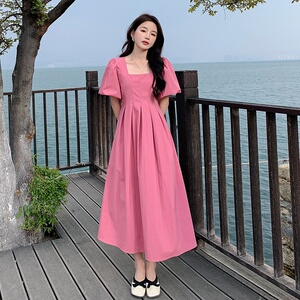 现货 2026夏季法式粉色连衣裙收腰显瘦泡泡袖长裙 2909P115控168图片