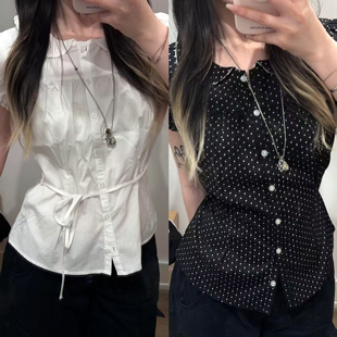 小海鸥2026春季甜美娃娃领花边波点短袖衬衫女百搭系带收腰上衣