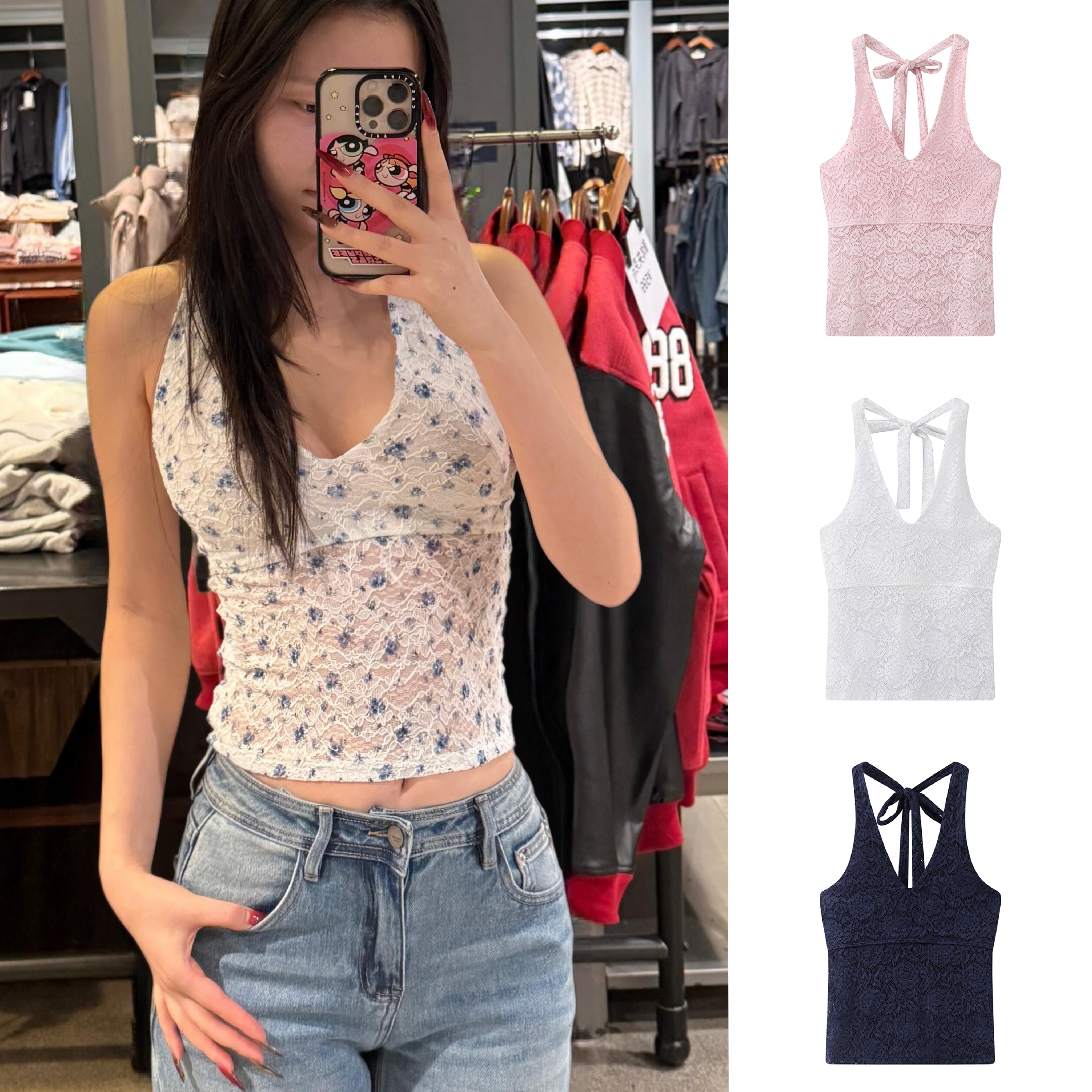 小海鸥蓝碎花挂脖蕾丝吊带背心女背心吊带